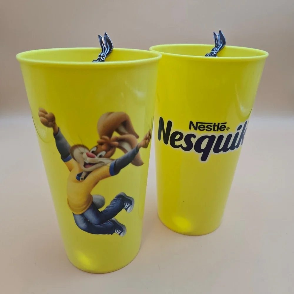 Vintage Nestle Nesquik Yellow Plastic Cups & Bunny Mixing Spoons Set of 2